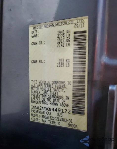 2012 Nissan Altima Base из США, поврежденный, VIN 1N4AL2APXCN449122